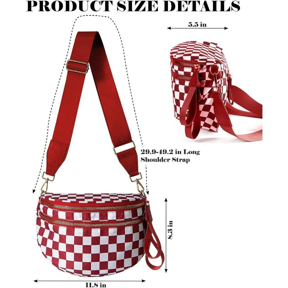 Women Red Imported Polyester Checkered Crossbody Fanny Packs Belt Bum Bag - Picture 3 of 6